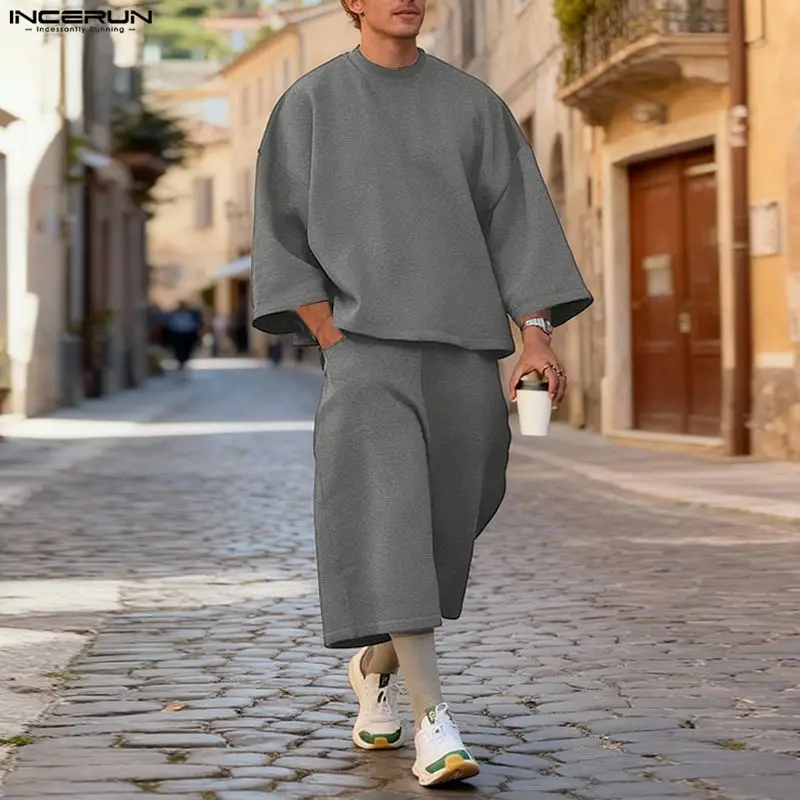 Mens Fashion Casual Outfits - INCERUN Men Sets Solid Color Baggy