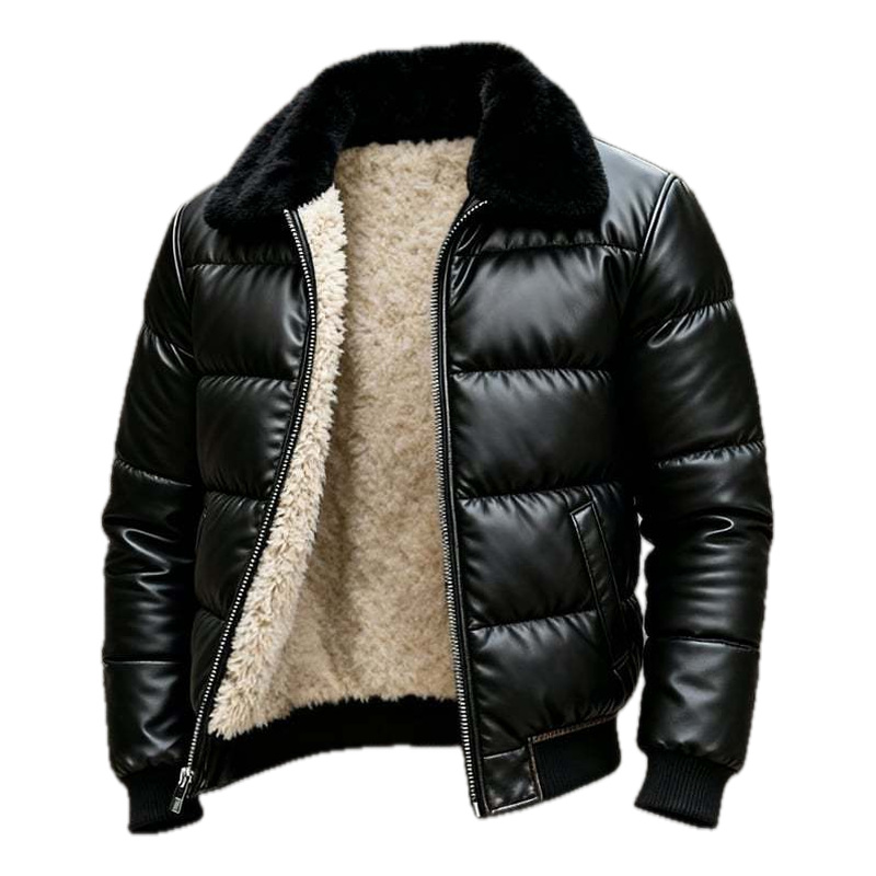 Sherpa Jacket Fleece - Men PU Leather Biker Jacket Thick