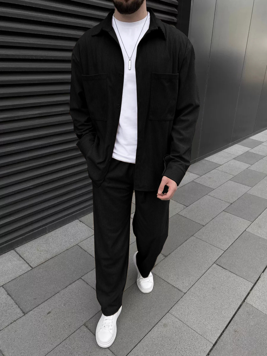 Men'S Fashion Outfits - Men's Corduroy Two-Piece Outfit: Long-Sleeved Button-Down