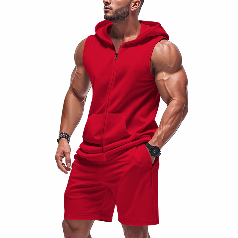 Mens Fashion Zip Up - Men's Suit Sleeveless Hoodie Two-Piece Set