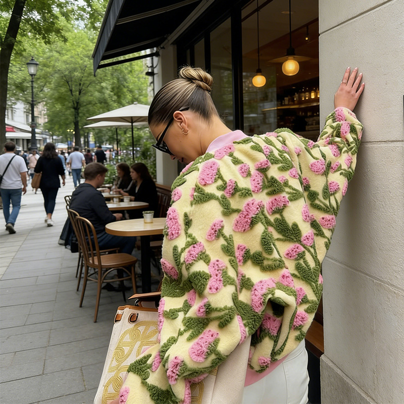 Glam 3D Floral Print Cropped J - đánh giá và giá Sherpa Jacket Fleece